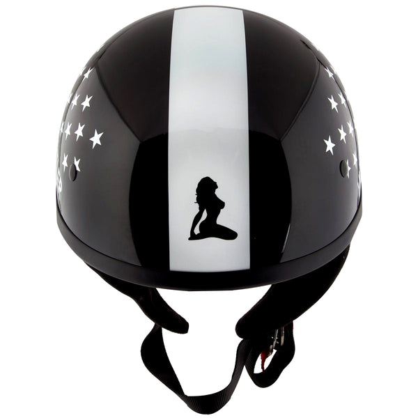 Outlaw Helmets HT1 Hustler Glossy Black & White US Flag Half Helmet DOT Approved Motorcycle Half Helmet for Men & Women - Adult Unisex Skull Cap for Bike ATV UTV Chopper Cruiser Skateboard