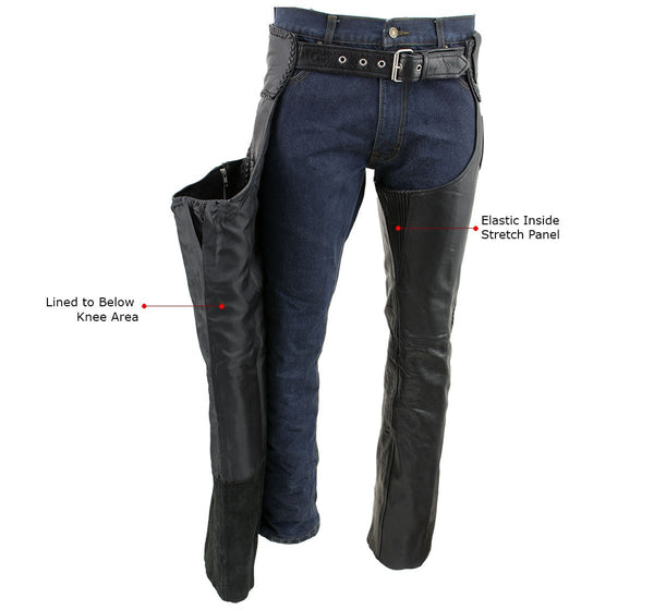 Xelement B7555 Classic Men's Black 'Braided' Elastic Fit Leather Chaps