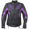 Xelement XS2027 Ladies 'Gemma' Black and Purple Leather Embroidered Jacket with X-Armor Protection