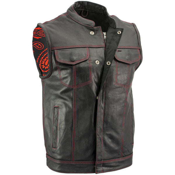 Xelement XS3449 Men's 'Paisley' Black Leather Motorcycle Vest with Red Stitching