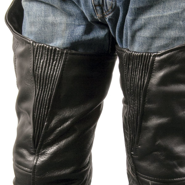 Xelement B7700 Motorcycle Leather Chaps for Men - Comfort Elastic Thigh High Grade Black Cowhide Overpants