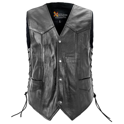 Xelement 202 Black Motorcycle Leather Vest with Side Lace for Men - 100% Genuine Light Weight Premium & Durable Thick Cowhide Biker Club Vest With 4 Snap Button Closure and Conceal Carry Pockets