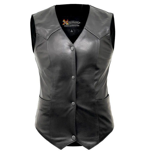 Xelement B320 Black Motorcycle Vest for Women - Ladies Real Genuine Leather Biker Gilet