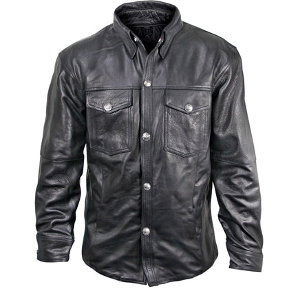 Xelement XS908B Black Leather Shirt for Men with Vintage Buffalo Buttons - Premium Genuine Light Weight and Durable Leather Shirt