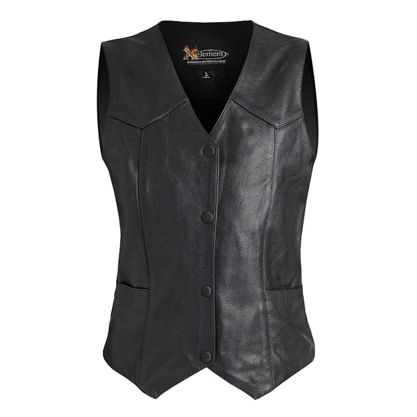 Xelement B360 Black Motorcycle Vest for Womens - Ladies Real Genuine Leather Biker Gilet