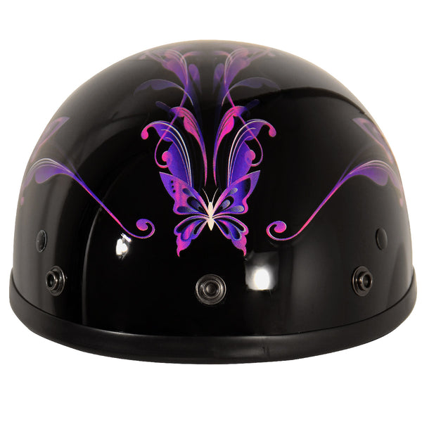 Outlaw Helmets T70 Glossy Black Purple Butterfly Motorcycle Half Helmet for Men & Women with Sun Visor DOT Approved - Adult Unisex Skull Cap for Bike Scooter ATV UTV Chopper