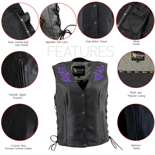 Xelement XS24005 Ladies ‘Gemma’ Black and Purple Leather Vest with Side Lace Adjustment