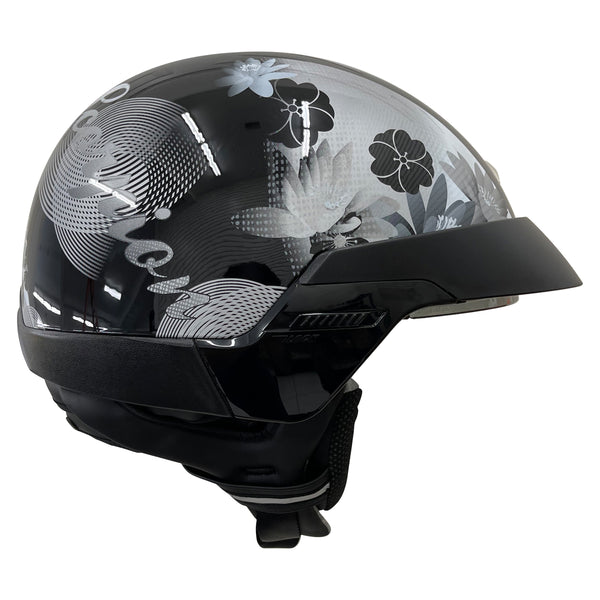Outlaw Helmets EXO Glossy Black & White Motorcycle Half Helmet for Men & Women with Drop Down Sun Visor DOT Approved - Adult Unisex Skull Cap for Bike Scooter ATV UTV Chopper Skateboard