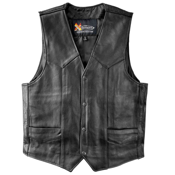 Xelement 201 Black Motorcycle Leather Vest for Men - 100% Genuine Light Weight Premium & Durable Thick Cowhide Biker Club Vest With 4 Snap Button Closure and Conceal Carry Pockets