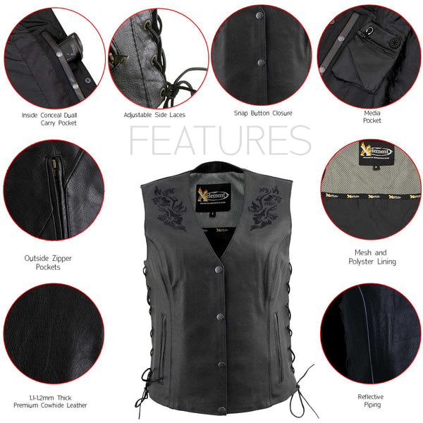 Xelement XS24004 Ladies ‘Gemma’ Black Leather Vest with Side Lace Adjustment