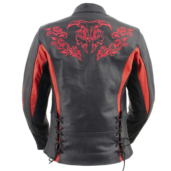Xelement XS2029 Women's 'Gemma' Black and Red Leather Embroidered Jacket with X-Armor