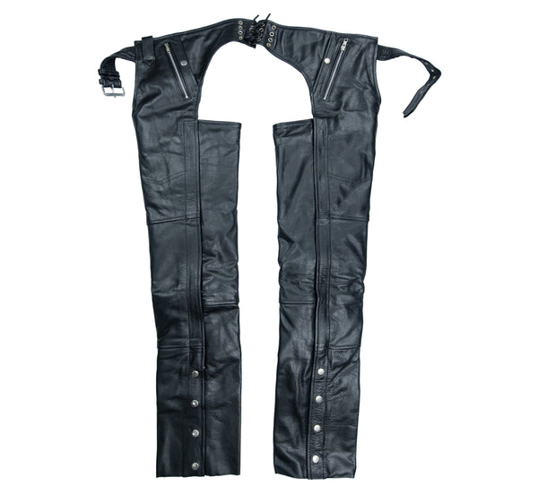 Xelement B7700 Motorcycle Leather Chaps for Men - Comfort Elastic Thigh High Grade Black Cowhide Overpants