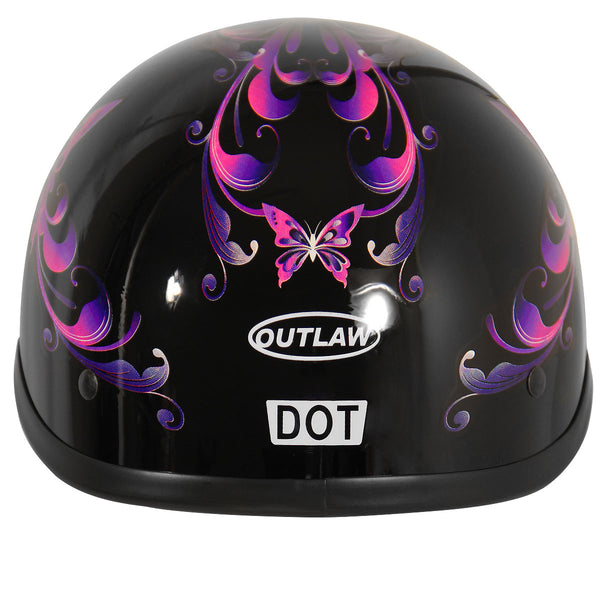 Outlaw Helmets T70 Glossy Black Purple Butterfly Motorcycle Half Helmet for Men & Women with Sun Visor DOT Approved - Adult Unisex Skull Cap for Bike Scooter ATV UTV Chopper