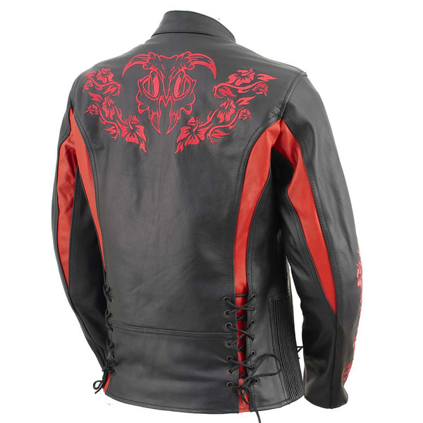Xelement XS2029 Women's 'Gemma' Black and Red Leather Embroidered Jacket with X-Armor