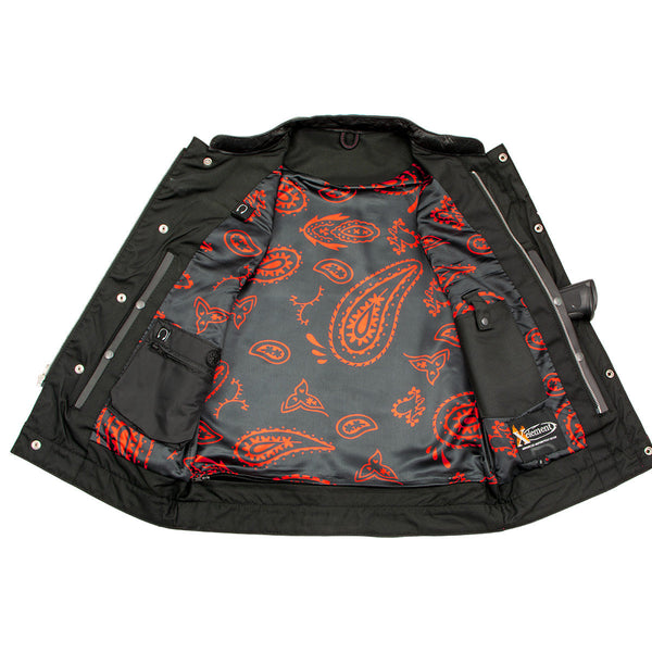 Xelement XS3449 Men's 'Paisley' Black Leather Motorcycle Vest with Red Stitching