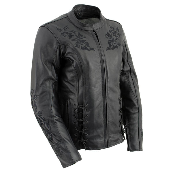 Xelement XS2030 Women's 'Gemma' Solid Black Leather Embroidered Jacket with X-Armor Protection