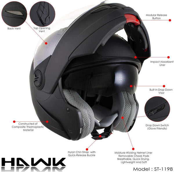 HAWK Helmets ST 1198 Glossy Black Modular Motorcycle Full Face Helmet for Men & Women with Dual Flip Up Sun Visor DOT Approved for Bike Scooter ATV UTV Chopper Skateboard