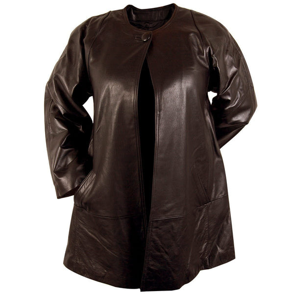 Ladies Lucky Leather 83 Chocolate Brown Soft Touch Supple Lambskin Collarless Leather Coat with One Button Collar