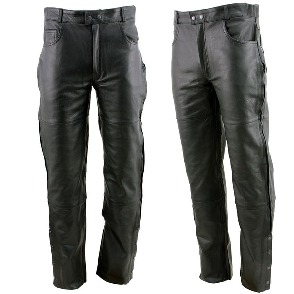 Xelement B7470 Men's Black Premium Leather Motorcycle Overpants with Side Zipper and Snaps