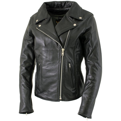 Xelement B8000 Black Motorcycle Leather Jacket for Women - Ladies Real Genuine Leather Biker Coat