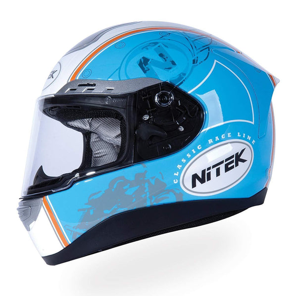 Nitek P1 Glossy White Retro Blue Full Face Motorcycle Street Helmet