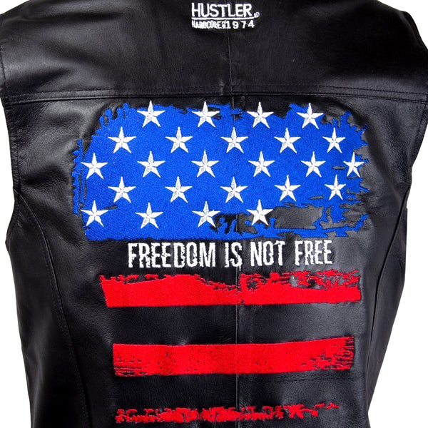 Xelement HSVT 210 Hustler US Flag Motorcycle Leather Vest For Men - Freedom is Not Free - Premium Genuine Biker Club Gilet