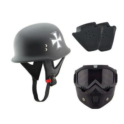 Outlaw T-99 Iron Cross German Style Flat Black Half Helmet with Outlaw 50 Nemes and Audio Speaker Earpads
