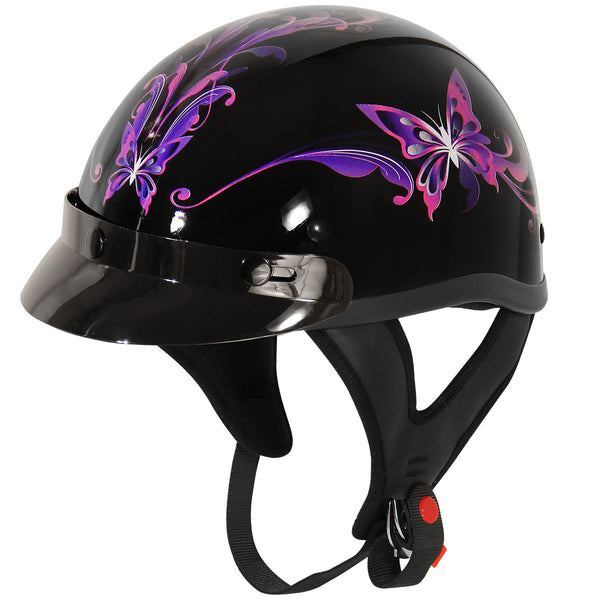 Outlaw Helmets T70 Glossy Black Purple Butterfly Motorcycle Half Helmet for Men & Women with Sun Visor Dot Approved - Adult Unisex Skull Cap for