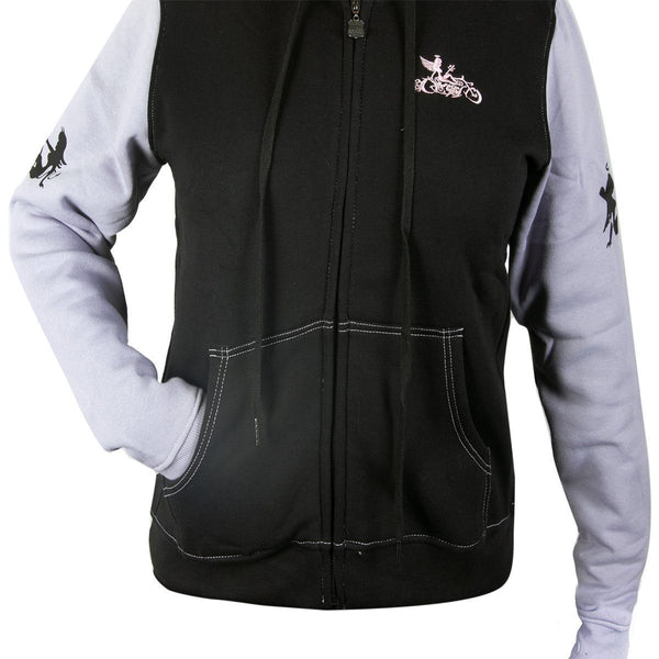 RideRDie Clothing RRLHD002 'Devil or Angel' Ladies Purple and Black Hoodie with Front Zipper Closure