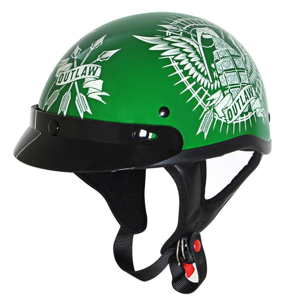 Outlaw Helmets T70 Glossy Green Motorcycle Half Helmet for Men & Women with Sun Visor DOT Approved - Adult Unisex Skull Cap for Bike Scooter ATV UTV Chopper Skateboard