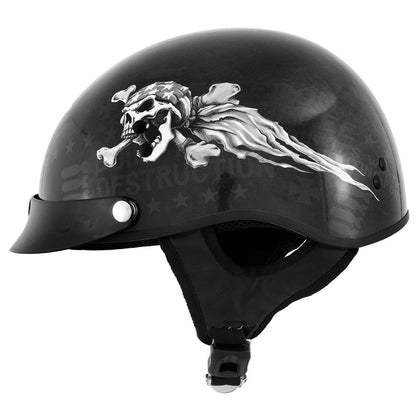 Outlaw Helmets T70 Black Freedom Skull Motorcycle Half Helmet for Men & Women with Sun Visor DOT Approved - Adult Unisex Skull Cap for Bike Scooter ATV UTV Chopper Skateboard
