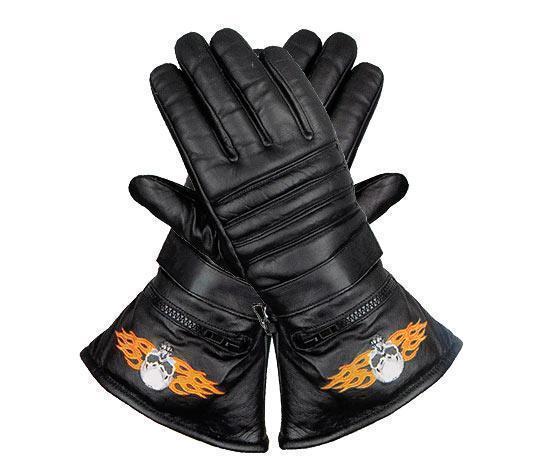 Xelement XG1231 Men's Black Embroidered Flame Skull Lined Leather Motorcycle Gloves