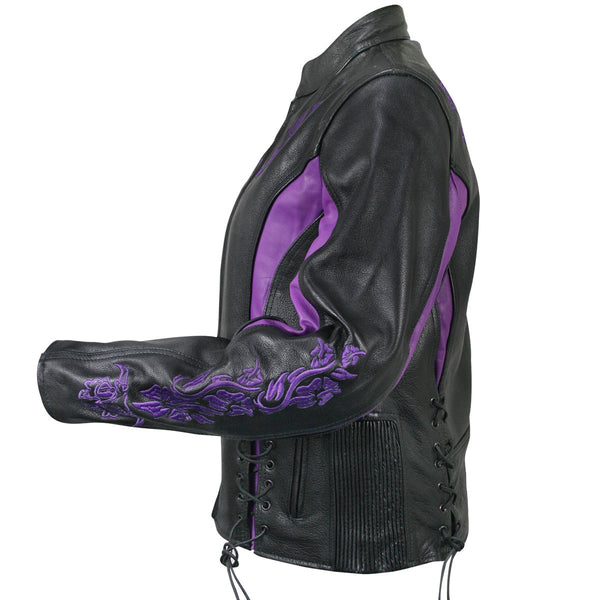 Xelement XS2027 Ladies 'Gemma' Black and Purple Leather Embroidered Jacket with X-Armor Protection